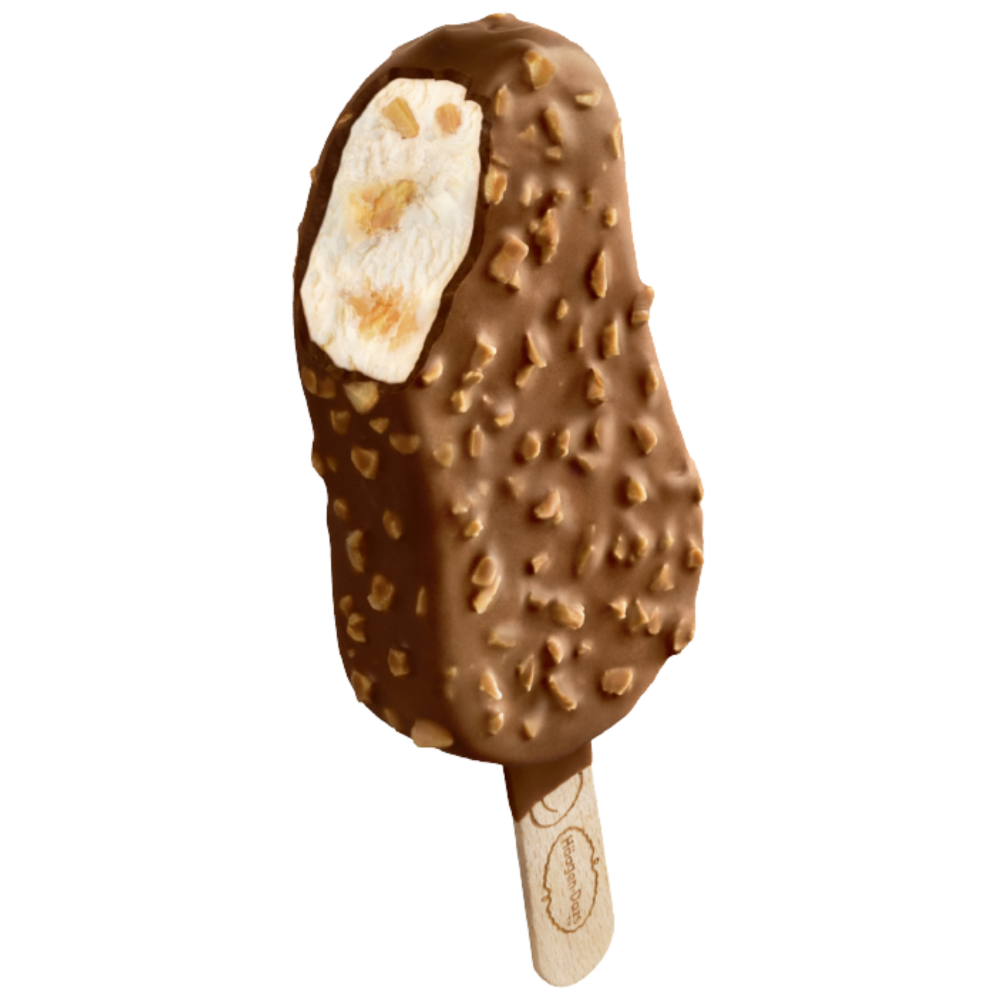 Haagen Dazs Macadamia Nut Brittle stickbar with a bite taken out